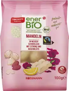enerBiO Mandeln in weißer Schokolade mit Zitrone & Rosenblüte, 100 g