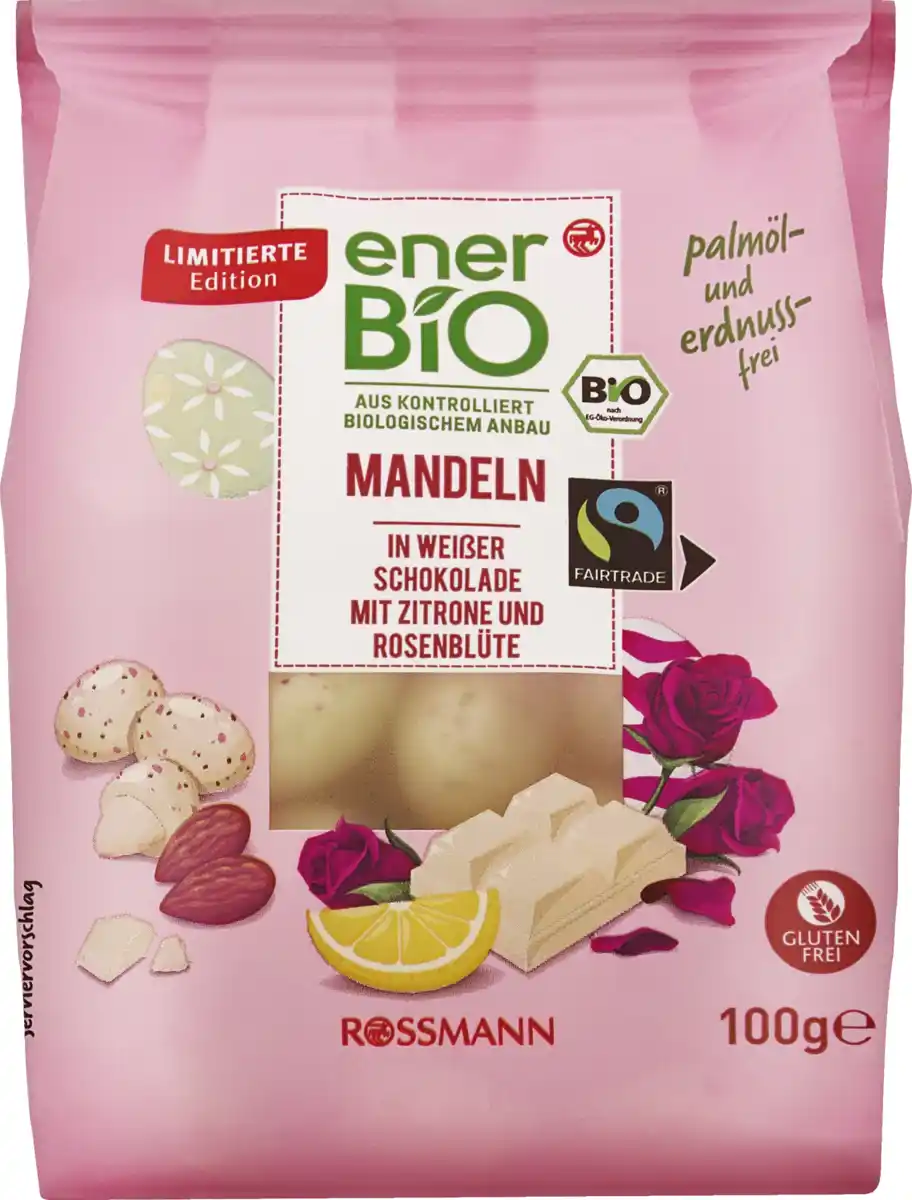 Bild 1 von enerBiO Mandeln in weißer Schokolade mit Zitrone & Rosenblüte, 100 g