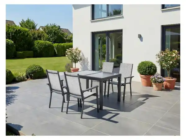 Bild 2 von LIVARNO® Alu-Set »Houston«, 5-teilig - Ausziehtisch & 4 Stapelsessel, hellgrau-meliert