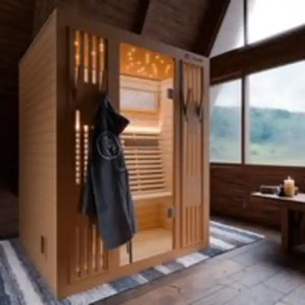 Bild 2 von Finnische Sauna MINTO 150x130 Kabine aus Hemlock Tannenholz mit 4,5 kW Harvia Ofen