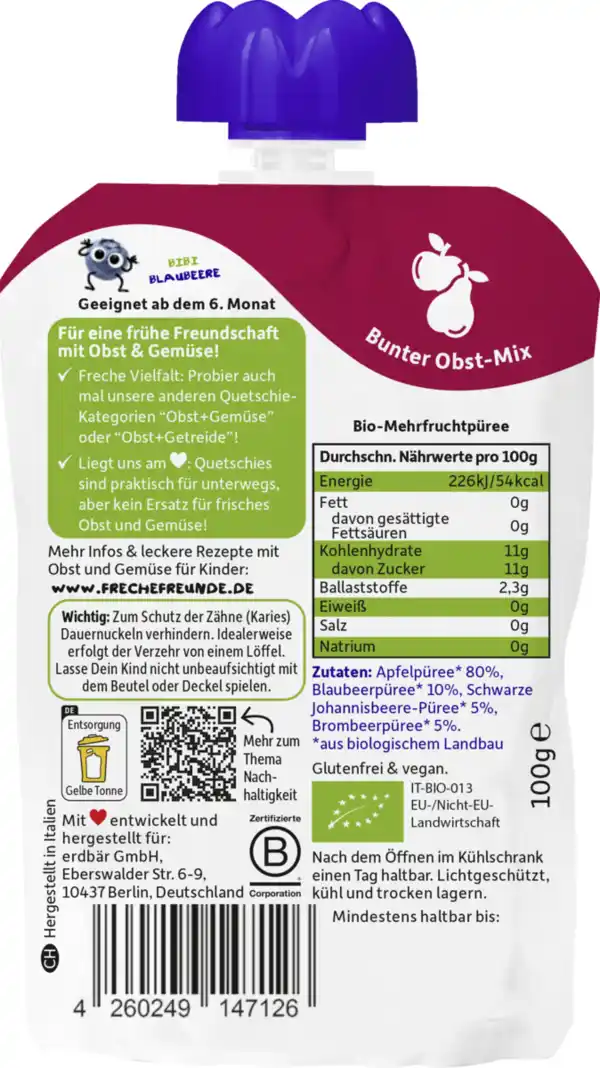 Bild 2 von Freche Freunde Bio Apfel, Blaubeere, Johannisbeere & Brombeere, 100 g