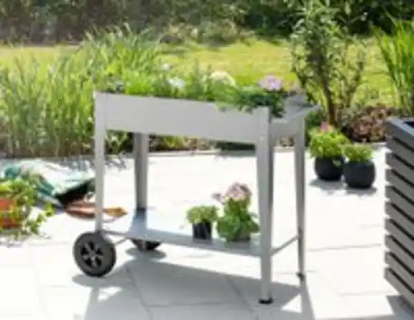 Bild 2 von Metall-Hochbeet mit 2 PU Rädern aus pulverbeschichteter Stahl, ca. 85 x 50 x 80 cm - Grau