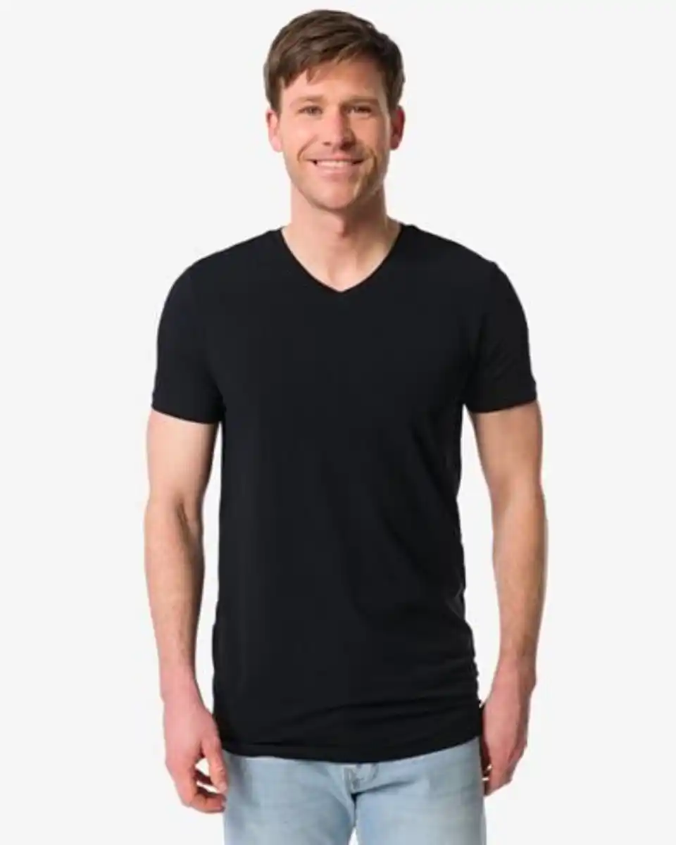 Bild 1 von Herren-T-Shirts, Slim Fit, V-Ausschnitt, extra lang – 2 Stück schwarz