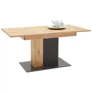 Waldwelt Esstisch, Anthrazit, Eiche, Holz, Wildeiche, massiv, rechteckig, Säule, Bodenplatte, 90x75.4x160-200 cm, ausziehbar, Esszimmer, Tische, Esstische, Esstische ausziehbar