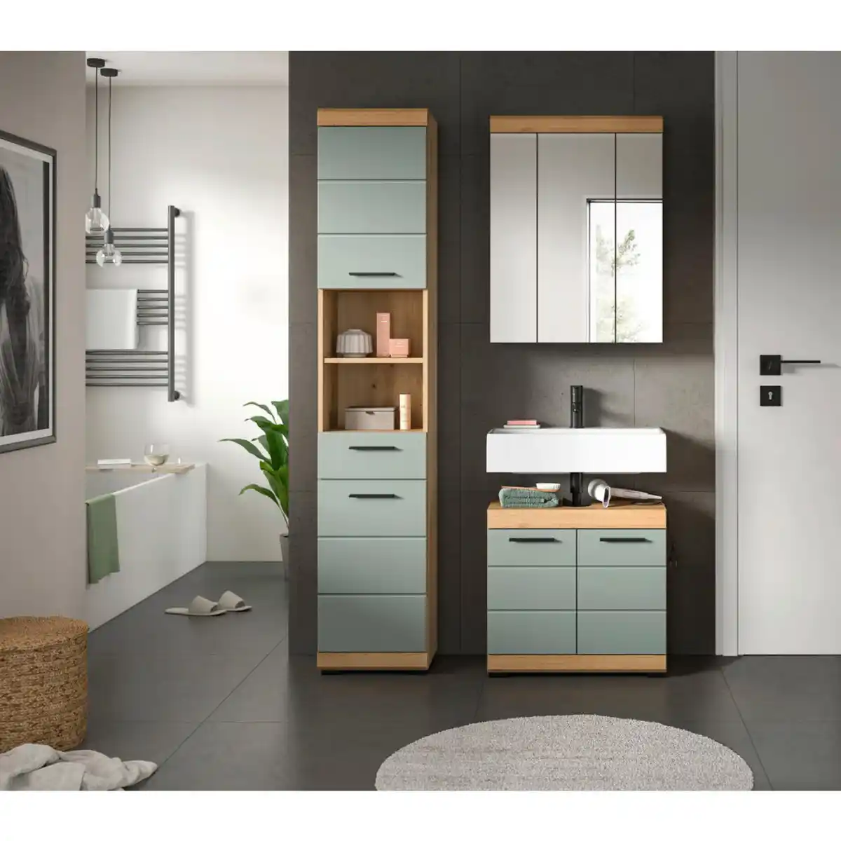 Bild 1 von Mid.you Badezimmer, Eiche, Salbeigrün, Kunststoff, 3-teilig, 10 Fächer, 1 Schublade(n) Schubladen, 97 cm, FSC Mix, stehend, Badezimmer, Badmöbelsets & Badmöbelserien, Badmöbel-Sets