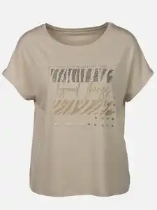 Damen Shirt mit Print und Glitzersteinchen Beige