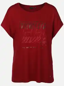 Damen Shirt mit Print und Glitzersteinchen Rot