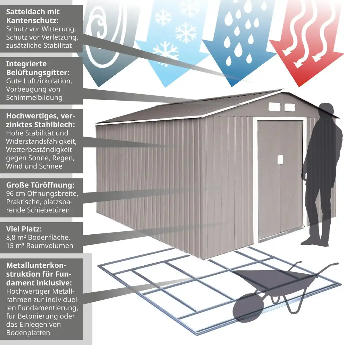 Bild 3 von Hattoro S300 Metall Gerätehaus mit Bodenrahmen 12,5 m³ Satteldach Hellgrau
