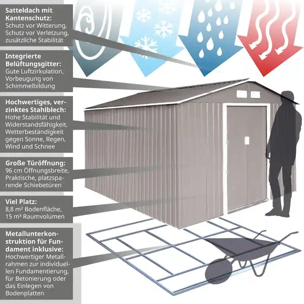 Bild 3 von Hattoro S300 Metall Gerätehaus mit Bodenrahmen 12,5 m³ Satteldach Hellgrau