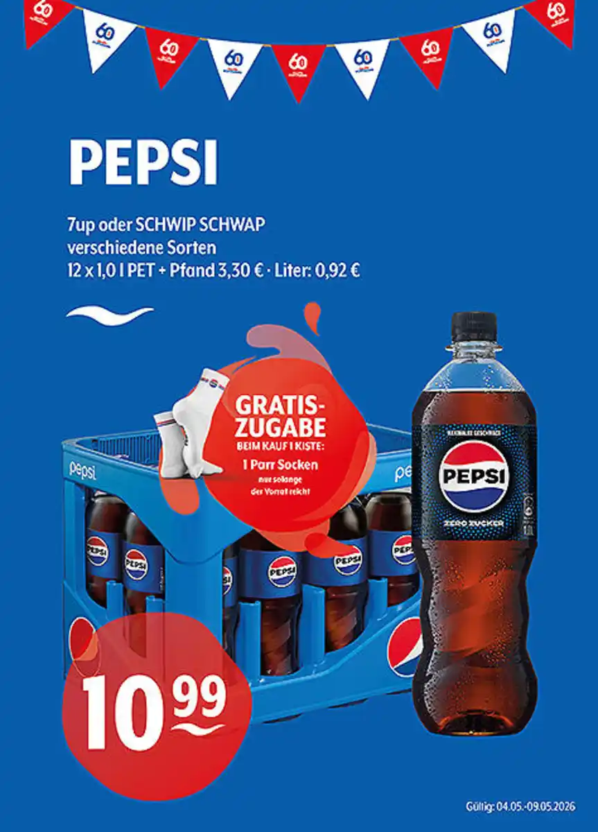 Bild 1 von PEPSI 7up oder SCHWIP SCHWAP verschiedene SorteGratis beim Kauf von einer Kiste: 1 Paar Socken, nur solange der Vorrat reicht