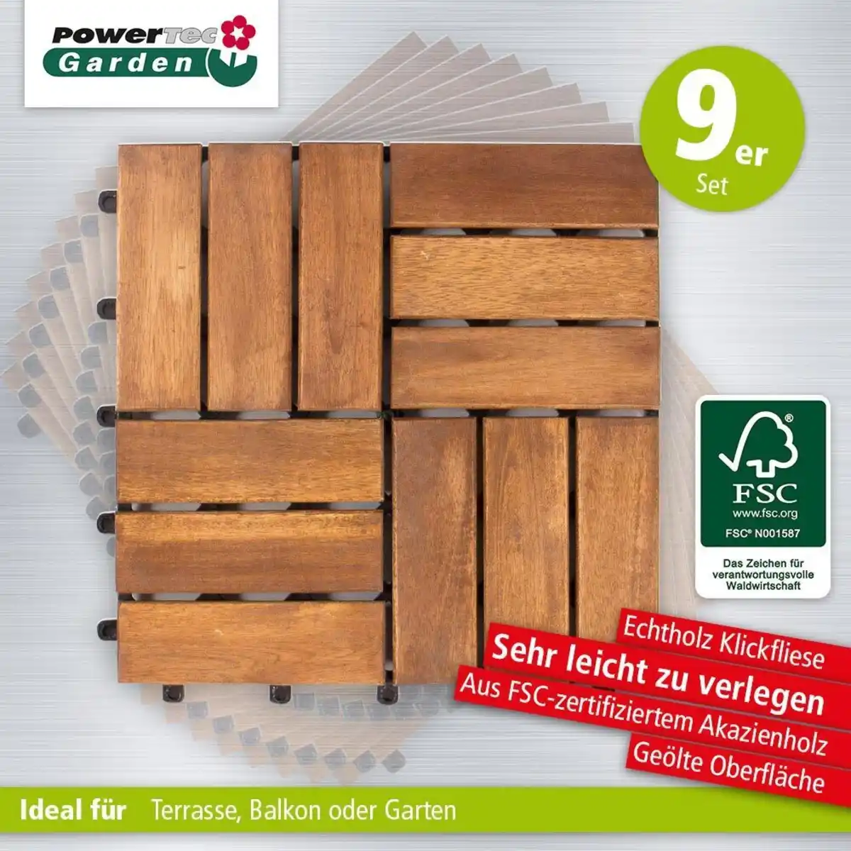 Bild 4 von 9er-Set Massivholz-Klickfliese aus Akazienholz, ca. 30 x 30 x 2,4 cm - Braun