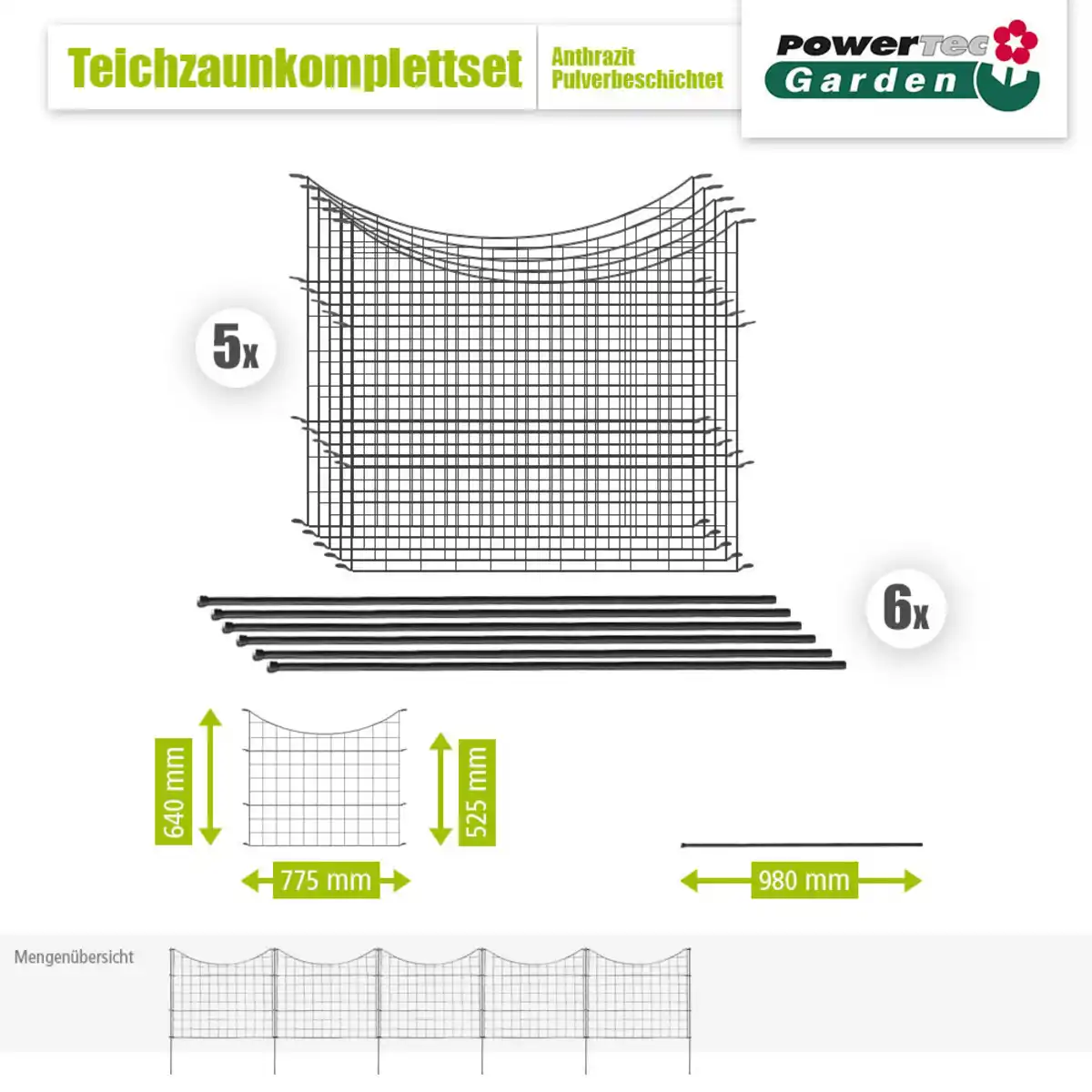 Bild 1 von 11tlg. Teichzaun Unterbogen, ca. 390 x 52,5 cm - Anthrazit