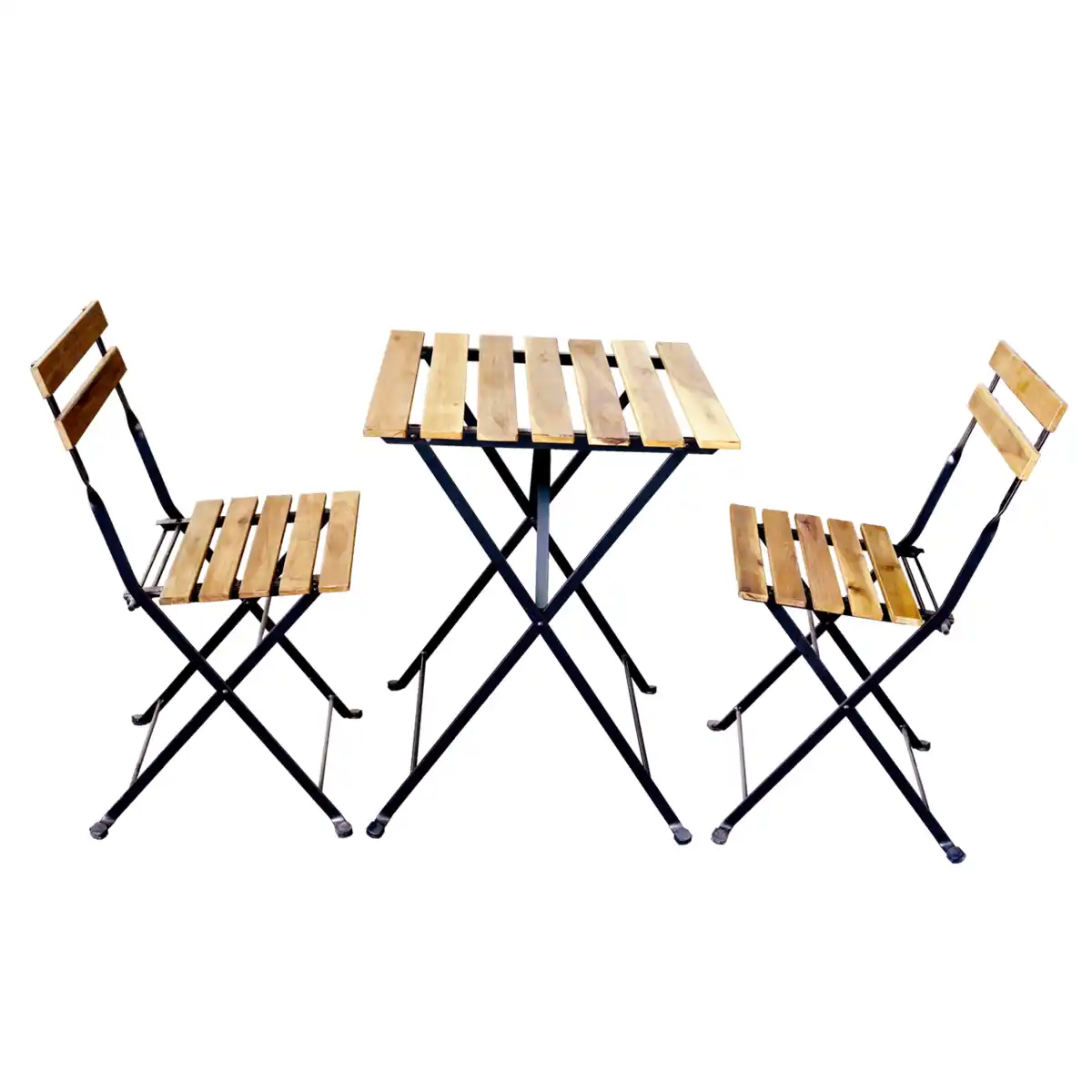Bild 1 von 3tlg. Outdoor-Klappstuhl-Set., 2-Sitzer mit 2 Streben aus Akazienholz geölt