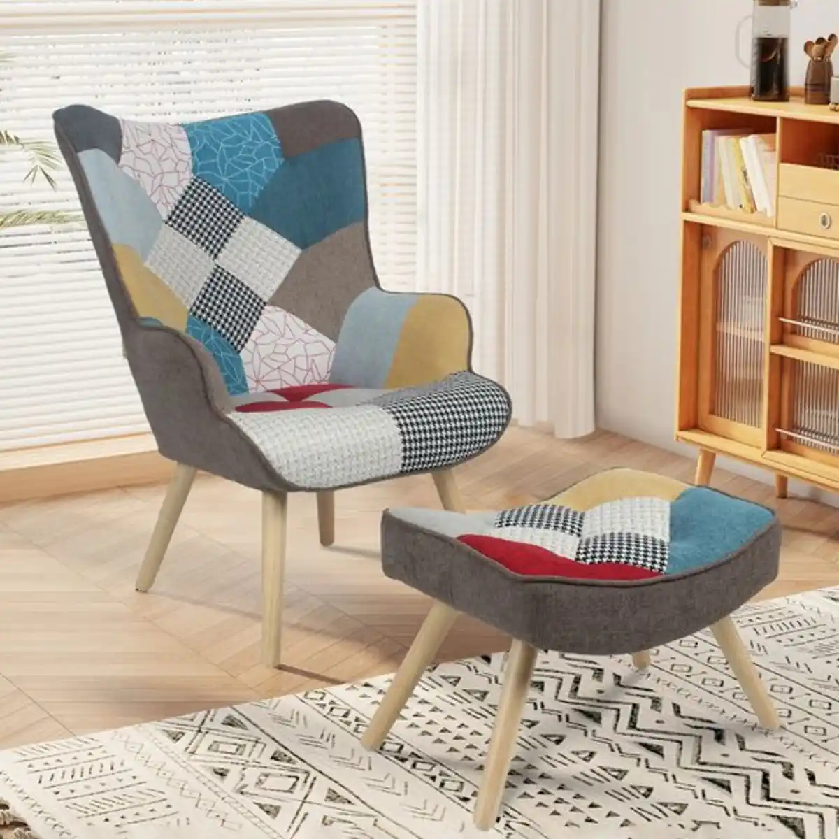 Bild 2 von Skandinavischer Relaxsessel mit Hocker Stoffbezug Patchwork - ca. 96 x 76 x 69 cm - Mehrfarbig