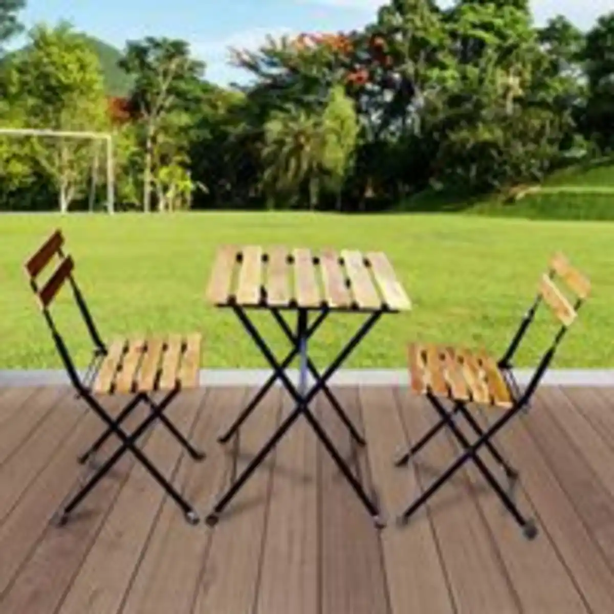 Bild 4 von 3tlg. Outdoor-Klappstuhl-Set., 2-Sitzer mit 2 Streben aus Akazienholz geölt