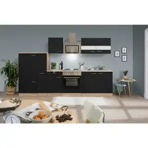 Respekta Küchenblock Merle, Schwarz, Metall, 1 Schublade(n),1 Schublade(n) Schubladen, seitenverkehrt montierbar, nur wie online abgebildet bestellbar, 300 cm, links aufbaubar, rechts aufbaubar, Kü