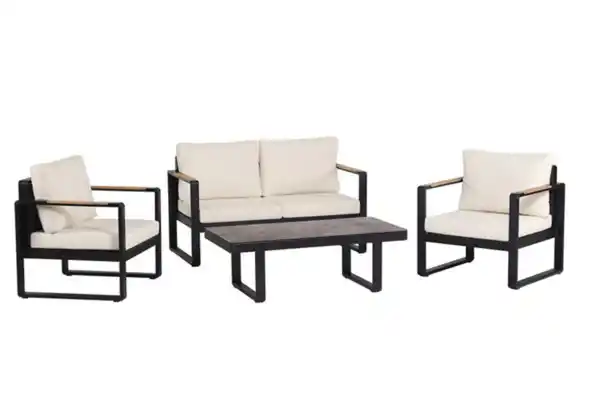 Bild 3 von 12tlg. Gartenmöbel Lounge-Set mit Sofa & Coffee Table aus Aluminium - Schwarz mit Teakholz