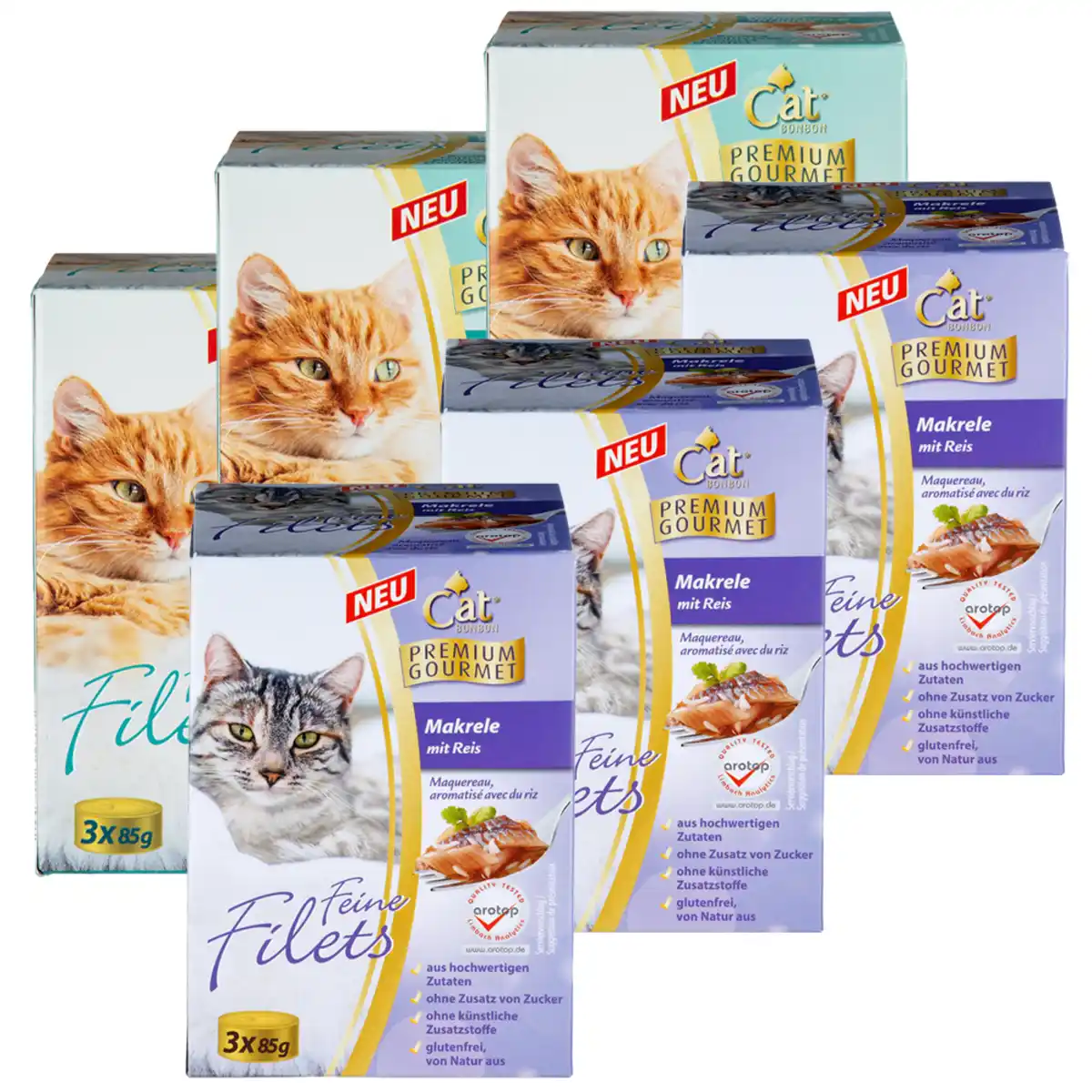 Bild 1 von Probierpaket Feine Filets, Makrele mit Reis + Bonito, Hühnchen & Shrimps, 3 x 85 gr.