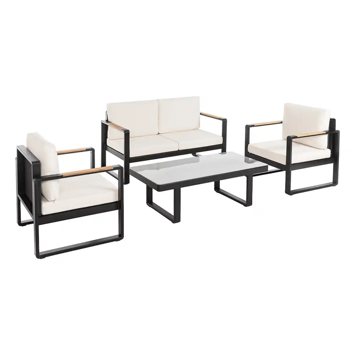 Bild 1 von 12tlg. Gartenmöbel Lounge-Set mit Sofa & Coffee Table aus Aluminium - Schwarz mit Teakholz