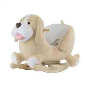Schaukeltier Hund Sam, Creme, Weiß, Hellbraun, Holz, Textil, 33x58x60 cm, Fußstützen, Haltegriffe, gepolsterte Sitzfläche, Gurtsystem, Spielzeug, Babyspielzeug, Schaukeltiere & Hüpftiere