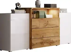 Sideboard Urban III mit LED ca. 150x69 cm Weiß/Eiche Wotan, Weiß, Eiche Wotan