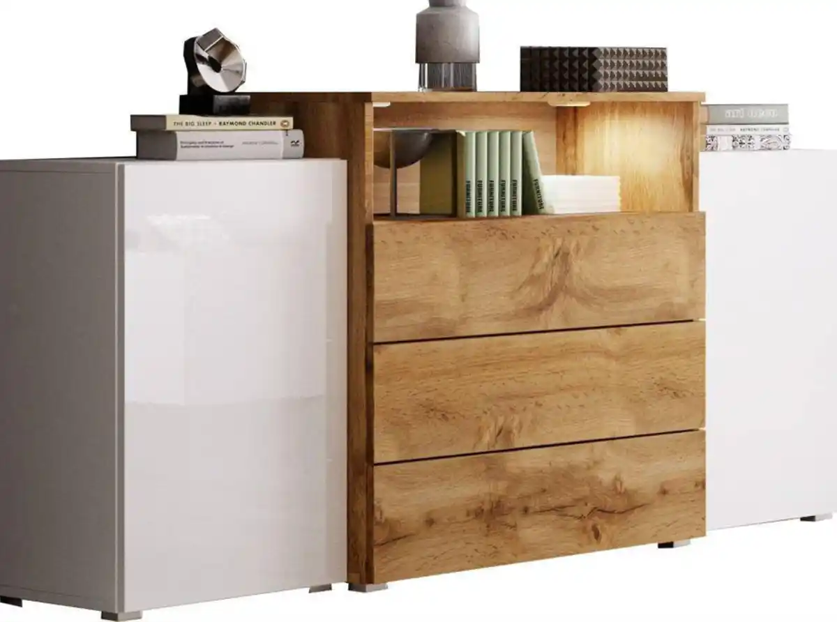 Bild 1 von Sideboard Urban III mit LED ca. 150x69 cm Weiß/Eiche Wotan, Weiß, Eiche Wotan