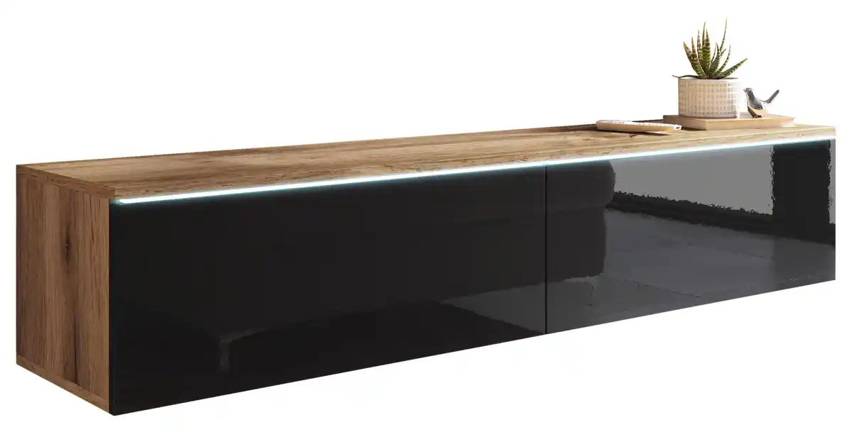 Bild 1 von TV-Lowboard mit LED ca. 140x30 cm Eiche/Schwarz, Eiche Wotan, Schwarz Hochglanz