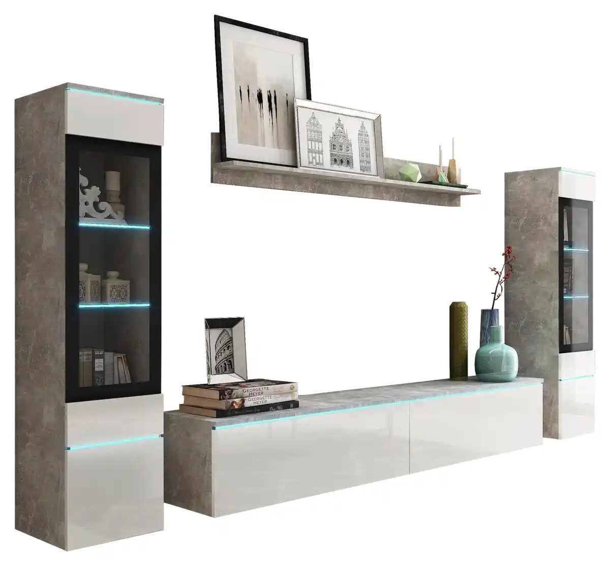 Bild 1 von Wohnwand Vera 4-tlg. ca. 240x130 cm  Grau/Weiß, Weiß Hochglanz, Grau