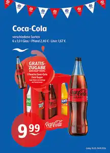 Coca-Cola verschiedene Sorten Gratiszugabe beim Kauf von 1 Kiste: 1 Flasche Coca-Cola Zero Sugar zzgl. Pfand, nur solange der Vorrat reicht