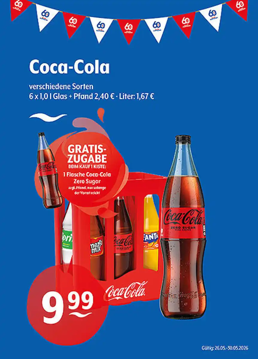 Bild 1 von Coca-Cola verschiedene Sorten Gratiszugabe beim Kauf von 1 Kiste: 1 Flasche Coca-Cola Zero Sugar zzgl. Pfand, nur solange der Vorrat reicht