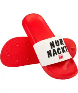 Party Badeslipper „Nur nackt ist billiger“, rot/weiß