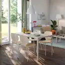 Bild 2 von SKÅLSTA Tisch und 4 Stühle, helles Graubeige gerade hell graubeige/Eichenfurnier röhrenförmig. Metall/hell graubeige, 140x80 cm