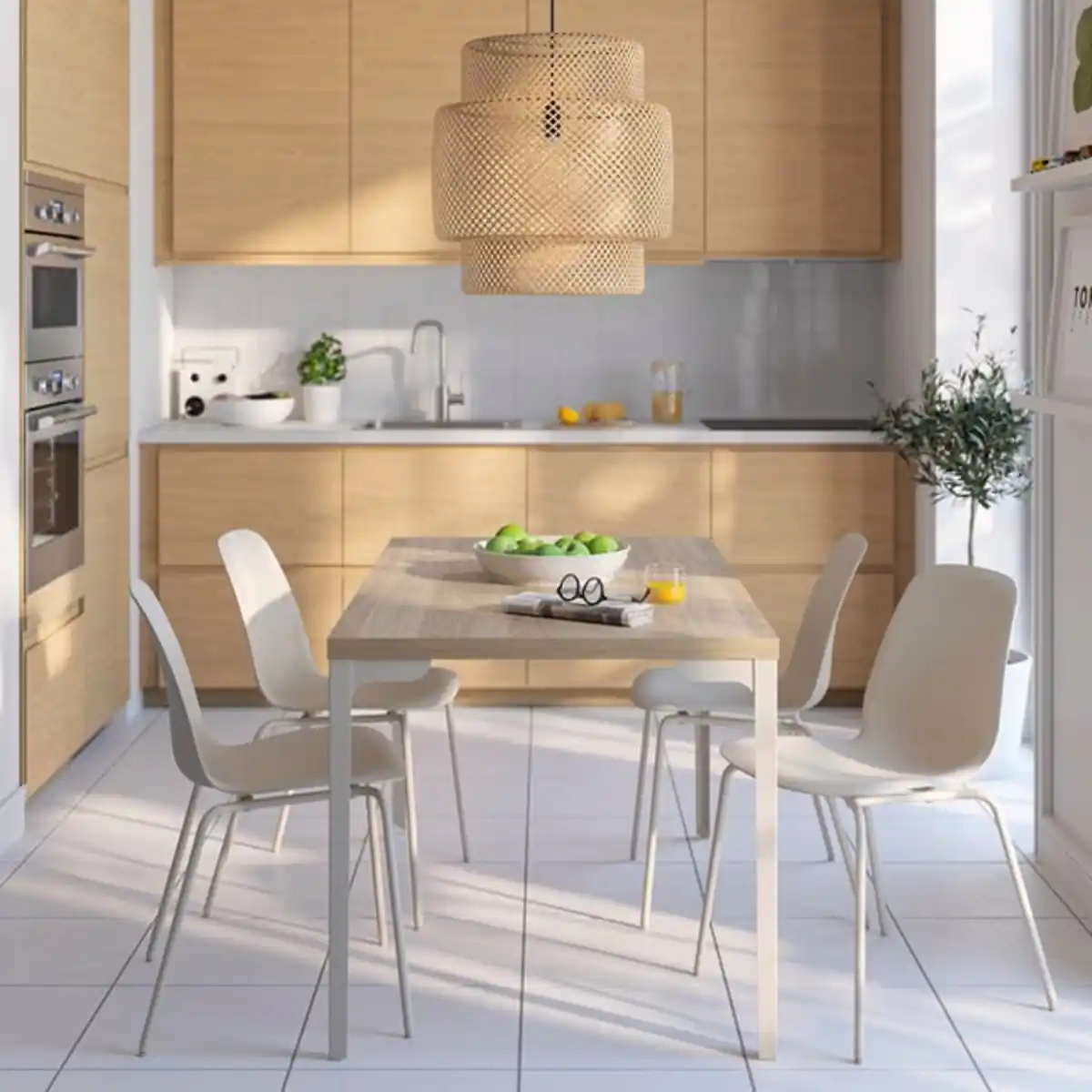 Bild 2 von SKÅLSTA Tisch und 4 Stühle, Eichenachbildung gerade hell graubeige/Kunsstoff beige röhrenförmig. Metall/hell graubeige, 140x80 cm