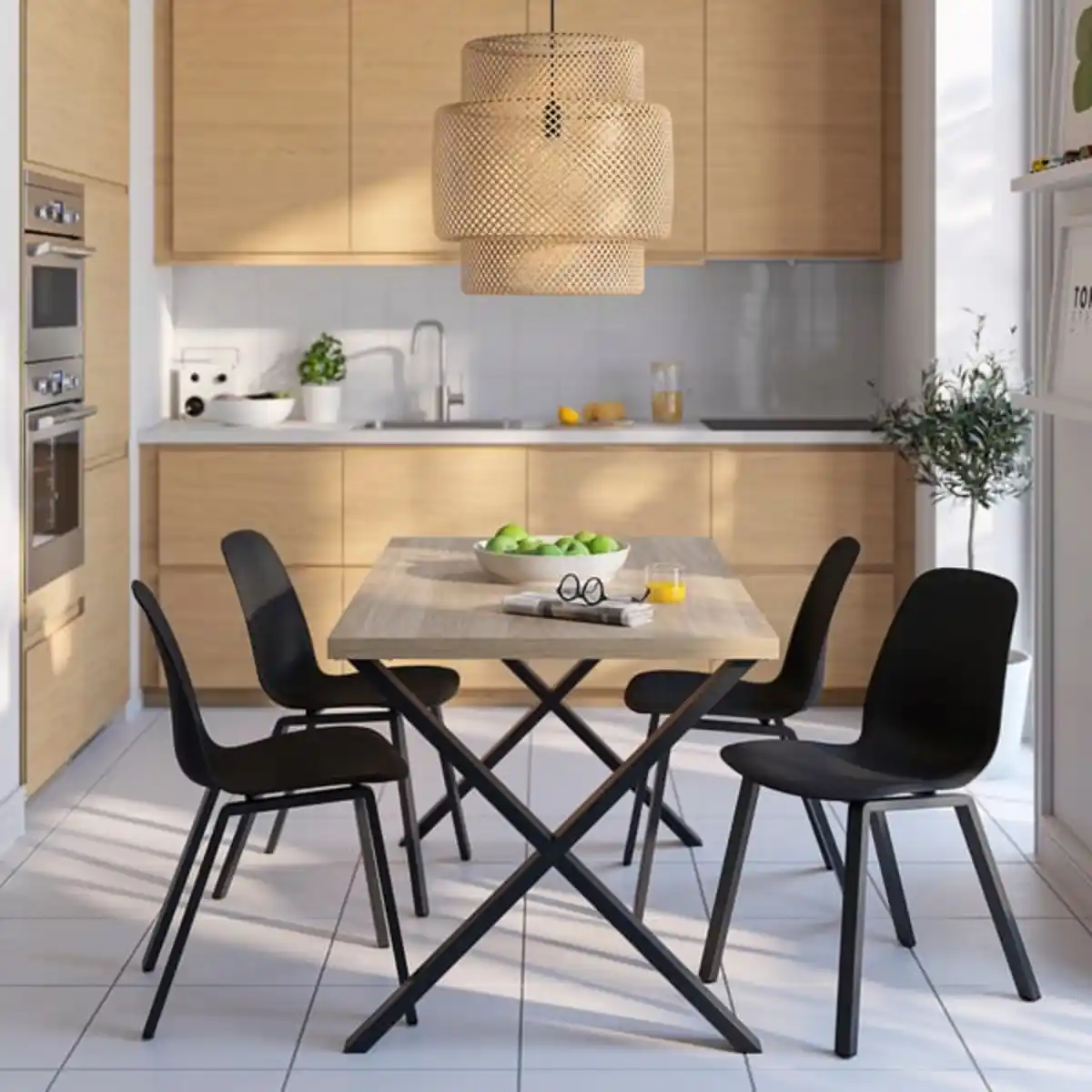 Bild 2 von SKÅLSTA Tisch und 4 Stühle, Eichenachbildung x-förmig schwarzgrau/Kunststoff schwarz profiliertes Metall/schwarzgrau, 140x80 cm
