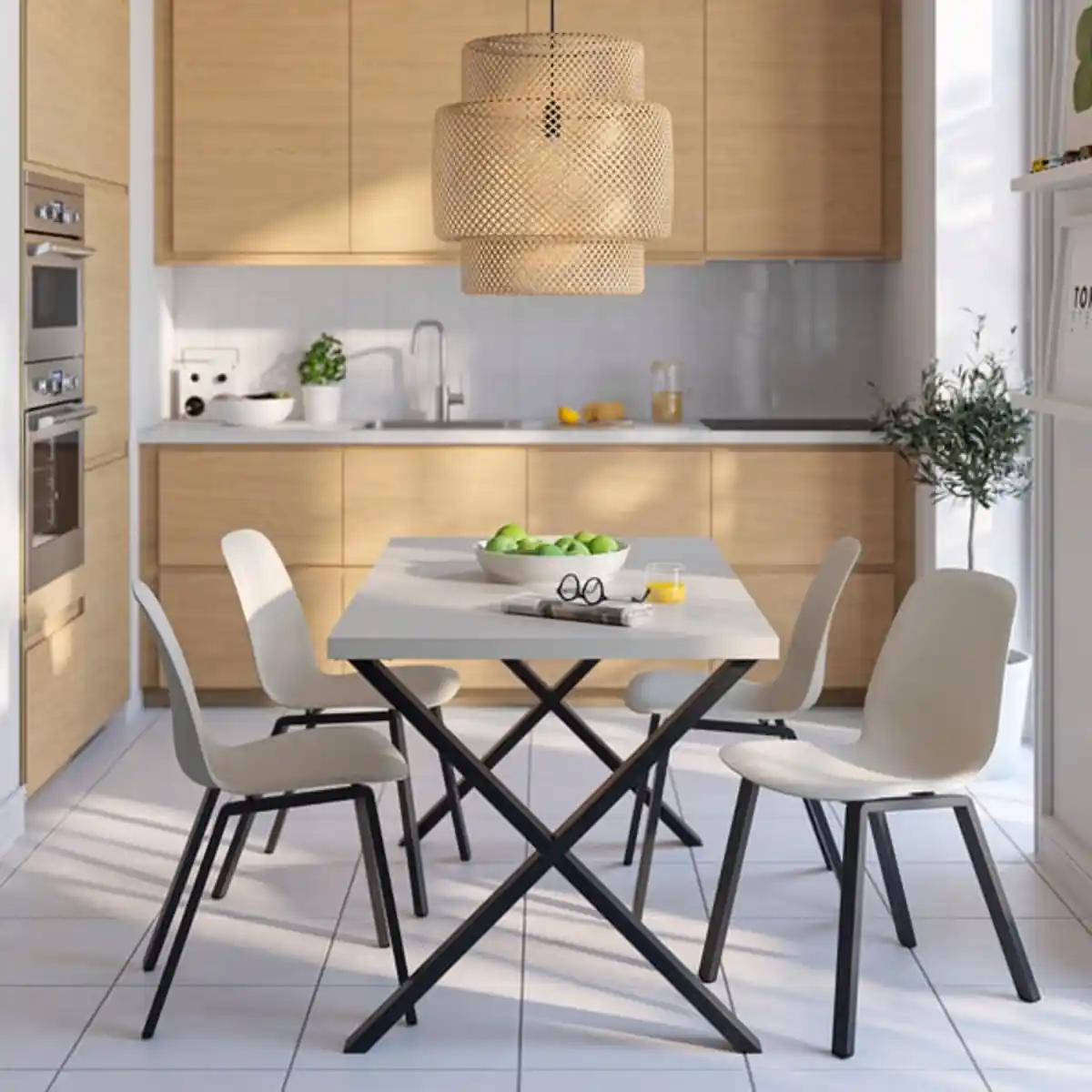 Bild 2 von SKÅLSTA Tisch und 4 Stühle, helles Graubeige x-förmig schwarzgrau/Kunsstoff beige profiliertes Metall/schwarzgrau, 140x80 cm