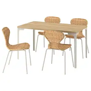 SKÅLSTA Tisch und 4 Stühle, Eichenachbildung gerade hell graubeige/Rattan röhrenförmig. Metall/hell graubeige, 140x80 cm