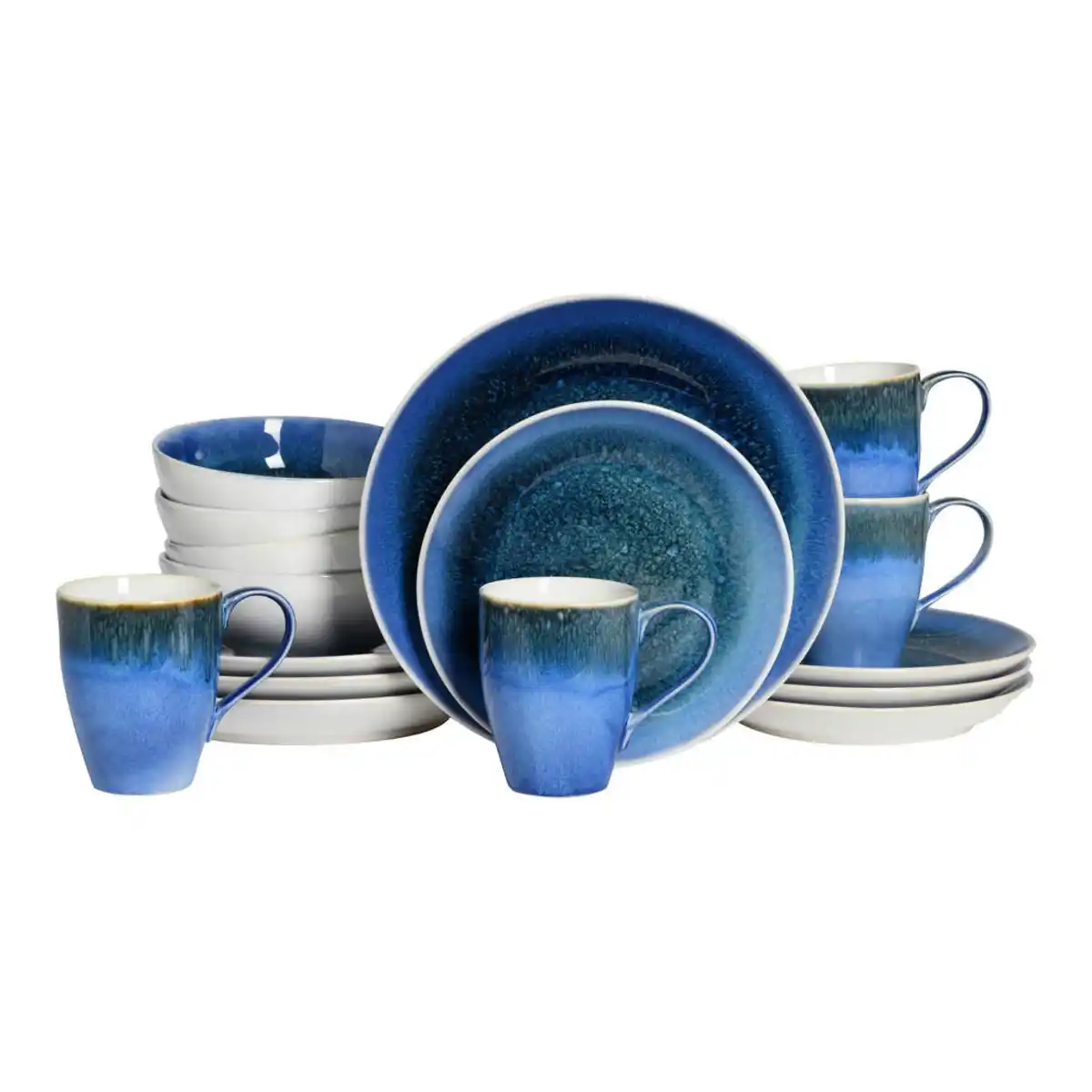 Bild 1 von Creatable Kombiservice Caldera blau, Blau, Weiß, Keramik, 16-teilig, 300 ml,400 ml, handbemalt, lebensmittelecht, stapelbar, Essen & Trinken, Geschirr, Geschirr-Sets, Kombiservice