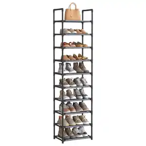 Schuhregal, Grau, Metall, Kunststoff, Textil, 10 Fächer, 45x173x28 cm, stehend, Garderobe, Schuhaufbewahrung, Schuhregale