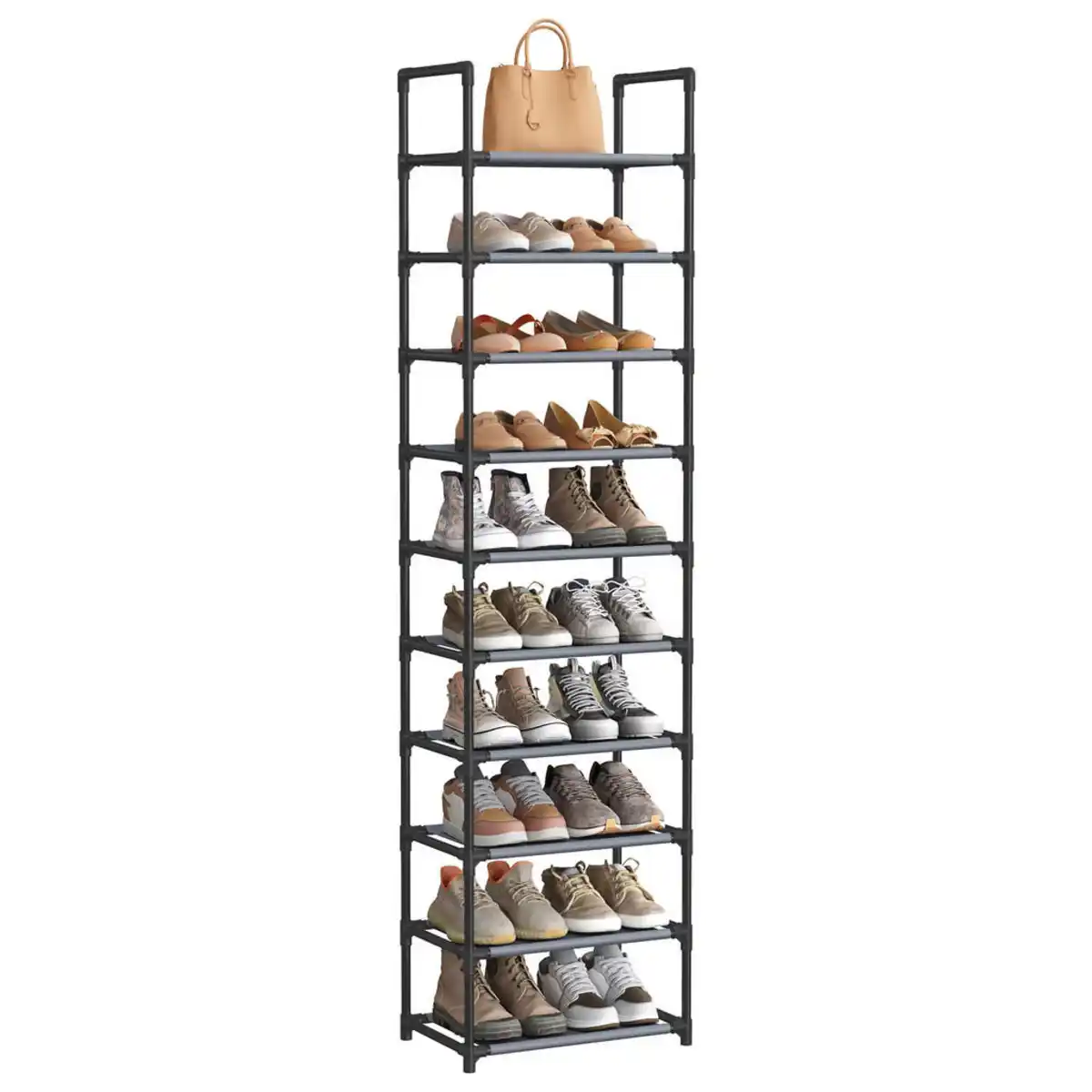 Bild 1 von Schuhregal, Grau, Metall, Kunststoff, Textil, 10 Fächer, 45x173x28 cm, stehend, Garderobe, Schuhaufbewahrung, Schuhregale