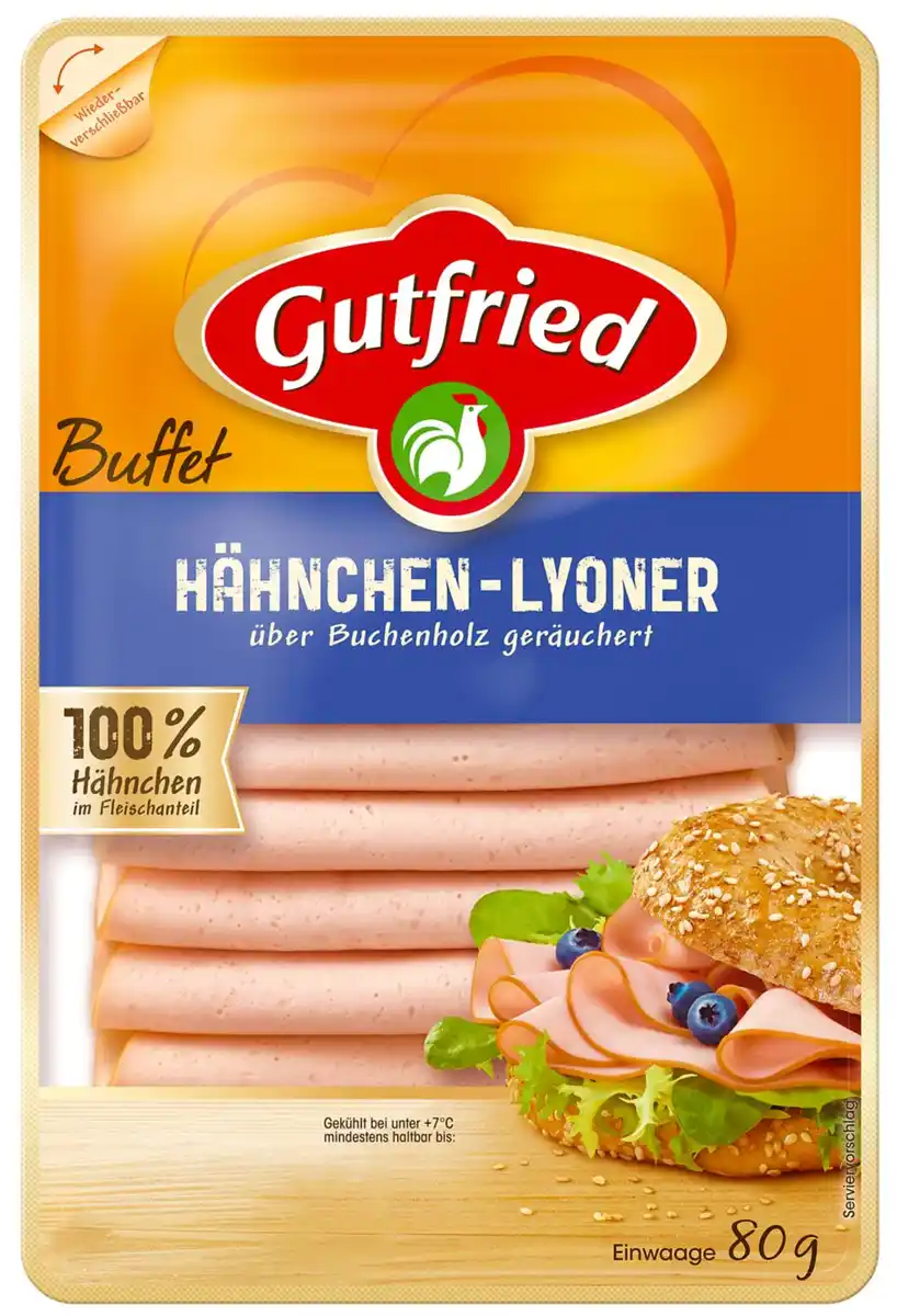 Bild 1 von GUTFRIED Hähnchen-Lyoner oder Geflügel-Bierschinken, 80-g-Packg.