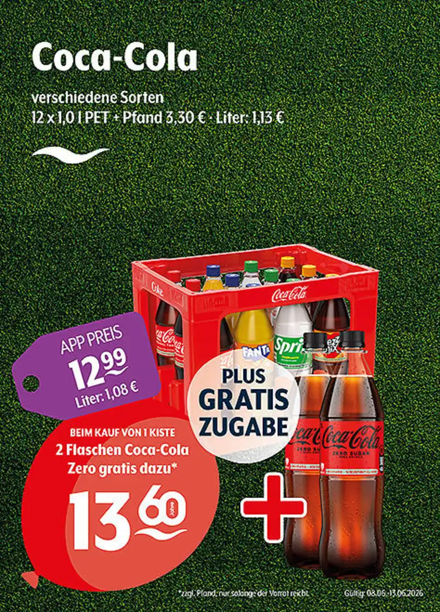 Bild 1 von Coca-Cola verschiedene Sorten Gratiszugabe beim Kauf von 1 Kiste: 2 Flaschen Coca-Cola Zero 1,0 l PET zzgl. Pfand, nur solange der Vorrat reicht