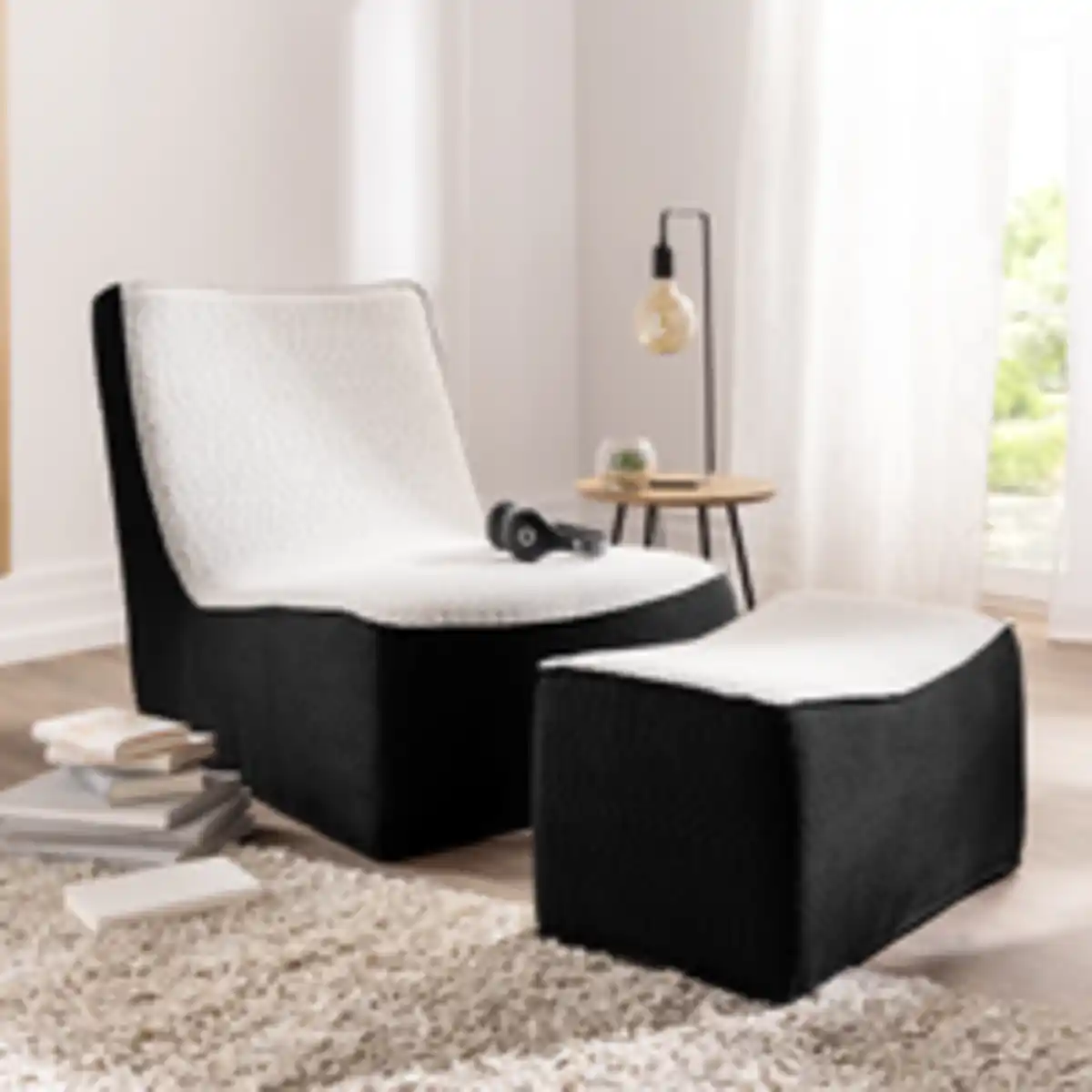 Bild 2 von 2tlg. Tatami-Sessel mit Hocker -Schwarz/Weiß