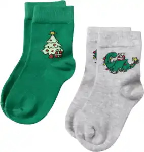 ALANA Socken mit Weihnachtsbaum- und Dino-Motiv, grün + grau, Gr. 23/26, 2 St