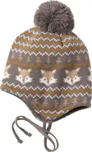 PUSBLU Mütze aus Strick mit Fuchs-Muster, grau & gelb, Gr. 48/49, 1 St
