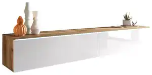 Lowboard ca. 180x30 cm mit LED Weiß/Eiche, Eiche Wotan, Weiß Hochglanz