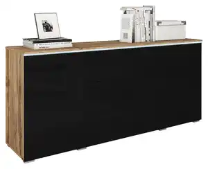 Sideboard Vera mit LED ca. 150 cm Schwarz/Eiche Wotan, Eiche Wotan, Schwarz Hochglanz