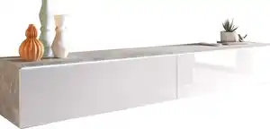 Lowboard ca. 180x30 cm mit LED Beton Optik/Weiß Hochglanz, Grau, Weiß Hochglanz