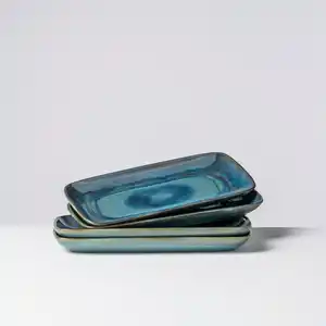 Gipfelstück Servierplatten-Set Tiefer See, Blau, Grün, Keramik, 4-teilig, rechteckig, 28x2.5x11.5 cm, Grüner Punkt, Made in Europe, lebensmittelecht, Tischkultur & Servieren, Servierplatten