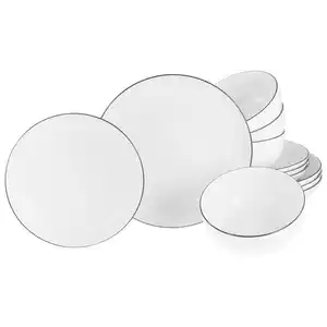 Creatable Tafelservice Allround Black Line, Schwarz, Weiß, Keramik, 12-teilig, handbemalt, lebensmittelecht, stapelbar, Essen & Trinken, Geschirr, Geschirr-Sets, Tafelservice