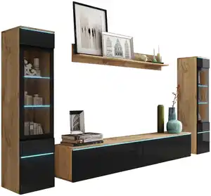 Wohnwand Vera 4-tlg. ca. 240x130 cm Eiche Wotan, Eiche Wotan, Schwarz Hochglanz